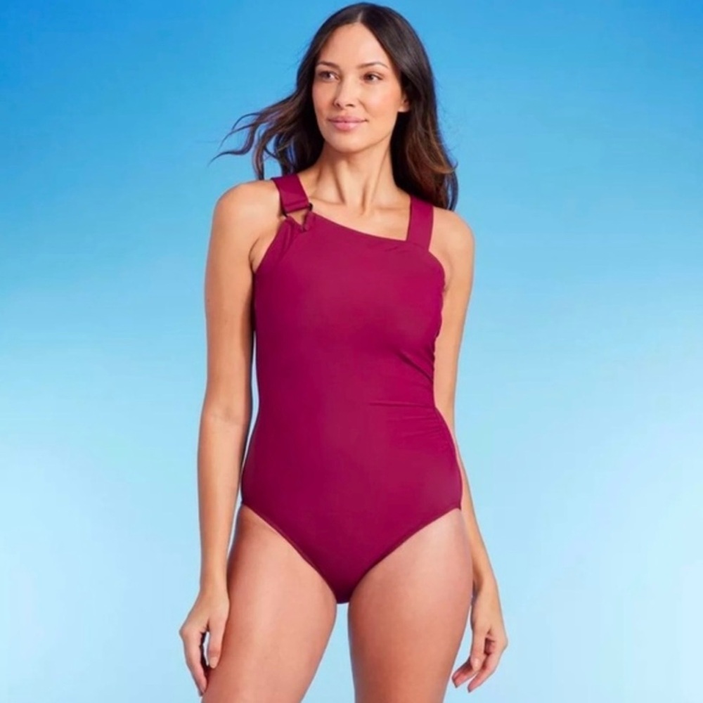 Elegant Burgundy One-Piece Asymmetrical Swimsuit